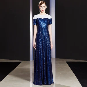 Sparkly Royal Blue Evening Dresses 2019 A Line Princess Sequins Scoop Neck Short Sleeve Floor Length Long Formal Dresses