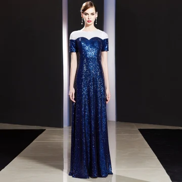 Scintillantes Bleu Roi Robe De Soirée 2019 Princesse Paillettes Encolure Dégagée Manches Courtes Longue Robe De Ceremonie