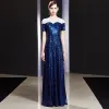 Sparkly Royal Blue Evening Dresses  2019 A-Line / Princess Sequins Scoop Neck Short Sleeve Floor-Length / Long Formal Dresses