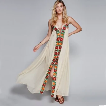 Chic Beautiful Beige Summer Beach Maxi Dresses 2018 Embroidered Spaghetti Straps Backless Sleeveless Ankle Length