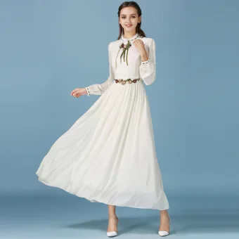 Modern Fashion Beige Dating Maxi Dresses 2019 A Line Princess Embroidered Scoop Neck Long Sleeve Tea Length Womens Clothing