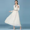 Modern / Fashion Beige Dating Maxi Dresses 2019 A-Line / Princess Embroidered Scoop Neck Long Sleeve Tea-length Womens Clothing