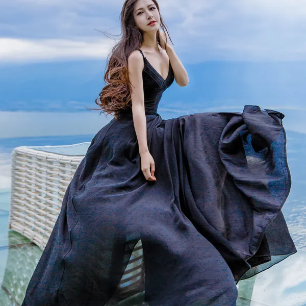 Sexy Black Honeymoon Maxi Dresses 2019 Spaghetti Straps Sleeveless Backless Floor-Length / Long Womens Clothing
