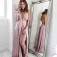 Chic / Belle Rougissant Rose Voyage de noces Robes longues 2019 Princesse Fond croisé plongeant Bretelles Spaghetti Dos Nu Sans Manches Fendue devant Longue Vêtements Femme