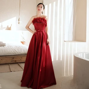 Charmant Bordeaux Robe De Bal 2021 Princesse Perle De L 039 Épaule Sans Manches Dos Nu Longue Promo Robe De Ceremonie