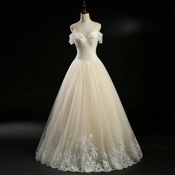 Chic / Belle Champagne Robe De Mariée 2018 Princesse Perlage Paillettes Dos Nu Encolure Dégagée Sans Manches Longue Mariage