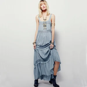 Simple Bleu Ciel Désinvolte Robes Longues 2019 Volants Bretelles Spaghetti Sans Manches Dos Nu Longueur Cheville Vêtements Femme