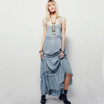 Simple Bleu Ciel Désinvolte Robes Longues 2019 Volants Bretelles Spaghetti Sans Manches Dos Nu Longueur Cheville Vêtements Femme