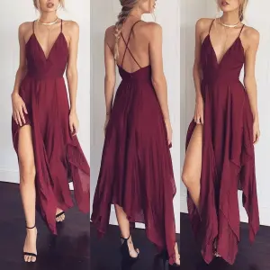 Modest Simple Burgundy Summer Honeymoon Maxi Dresses 2019 Spaghetti Straps Plunging Cross Back Backless Sleeveless Asymmetrical Womens Clothing