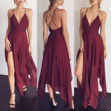 Modest Simple Burgundy Summer Honeymoon Maxi Dresses 2019 Spaghetti Straps Plunging Cross Back Backless Sleeveless Asymmetrical Womens Clothing