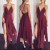Modest / Simple Burgundy Summer Honeymoon Maxi Dresses 2019 Spaghetti Straps Plunging Cross-Back Backless Sleeveless Asymmetrical Womens Clothing