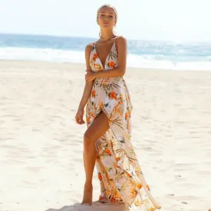 Chic Beautiful Beige Beach Maxi Dresses 2019 Printing Spaghetti Straps Plunging Cross Back Backless Sleeveless Floor Length Long Womens Clothing