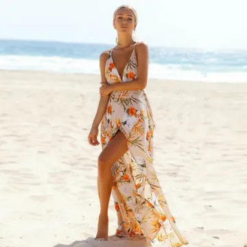 Chic Belle Beige Plage Robes Longues 2019 Impression Bretelles Spaghetti Fond Croisé Plongeant Dos Nu Sans Manches Longue Vêtements Femme