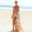 Chic / Belle Beige Plage Robes longues 2019 Impression Bretelles Spaghetti Fond croisé plongeant Dos Nu Sans Manches Longue Vêtements Femme