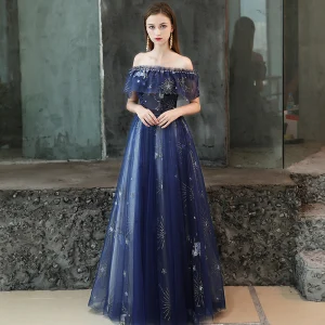 Modern Fashion Royal Blue Evening Dresses 2019 A Line Princess Beading Glitter Sequins Off The Shoulder Backless Short Sleeve Floor Length Long Formal Dresses