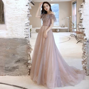 Charming Purple Grey Evening Dresses 2021 A Line Princess Off The Shoulder Beading Pearl Rhinestone Short Sleeve Backless Sweep Train Formal Dresses