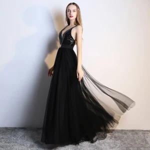 Sexy Black Evening Dresses 2019 A Line Princess Rhinestone Sequins V Neck Sleeveless Plunging Cross Back Backless Floor Length Long Formal Dresses