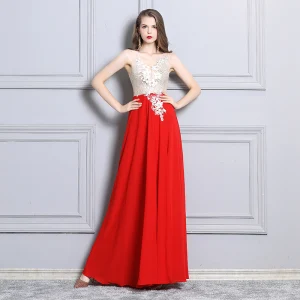 Sexy Red Evening Dresses 2019 A Line Princess Appliques Lace Rhinestone V Neck Sleeveless Backless Split Front Floor Length Long Formal Dresses
