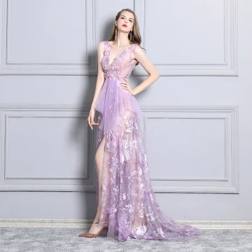 Sexy Lilac Cocktail Dresses 2019 See Through Lace Rhinestone V Neck Sleeveless Backless Sweep Train Formal Dresses
