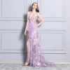 Sexy Lilac Cocktail Dresses 2019 See-through Lace Rhinestone V-Neck Sleeveless Backless Sweep Train Formal Dresses