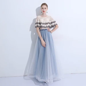 Moderne Mode Bleu Ciel Robe De Soirée 2019 Princesse En Dentelle Paillettes Appliques Encolure Dégagée Manches Courtes Longue Robe De Ceremonie