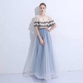 Modern Fashion Sky Blue Evening Dresses 2019 A Line Princess Lace Sequins Appliques Scoop Neck Short Sleeve Floor Length Long Formal Dresses