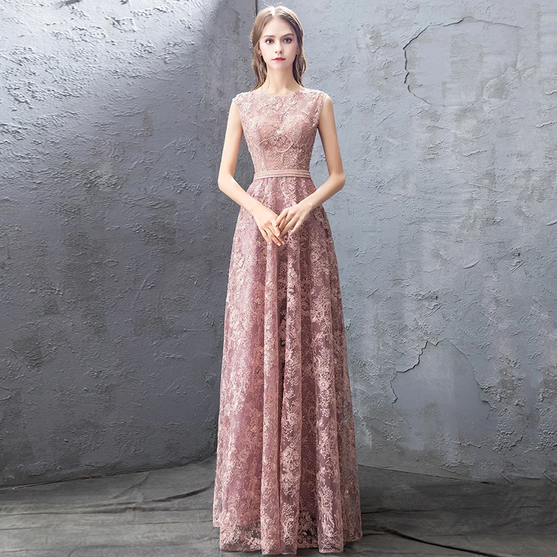 Chic Beautiful Pearl Pink Evening Dresses 2019 A Line Princess Lace Beading  Rhinestone Sequins Scoop Neck Sleeveless Floor Length Long Formal Dresses