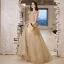 Charming Champagne Prom Dresses 2021 A-Line / Princess Square Neckline Beading Short Sleeve Backless Floor-Length / Long Prom Formal Dresses