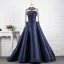 Luxe Bleu Marine Fait main Perlage Robe De Soirée 2019 Princesse Cristal Col Haut Manches Longues Train De Balayage Robe De Ceremonie