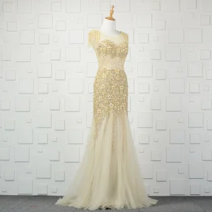 Luxe Champagne Fait Main Perlage Robe De Soirée 2019 Trompette Sirène Perle Gland Cristal Faux Diamant Paillettes Encolure Dégagée Sans Manches Dos Nu Train De Balayage Robe De Ceremonie