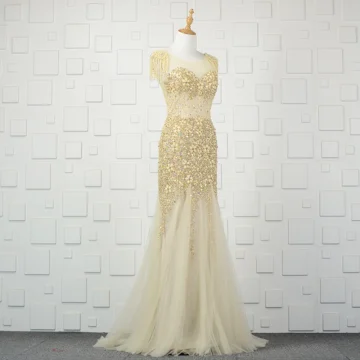 Luxe Champagne Fait Main Perlage Robe De Soirée 2019 Trompette Sirène Perle Gland Cristal Faux Diamant Paillettes Encolure Dégagée Sans Manches Dos Nu Train De Balayage Robe De Ceremonie