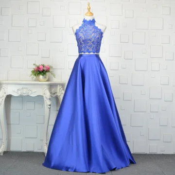Vintage Originale 2 Pièces Bleu Roi Robe De Soirée 2019 Princesse En Dentelle Cristal Col Haut Sans Manches Dos Nu Longue Robe De Ceremonie