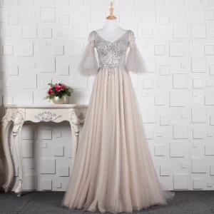 Moderne Mode Gris Fait Main Perlage Robe De Soirée 2019 Princesse Faux Diamant Paillettes V Cou Manches De Cloche Dos Nu Longue Robe De Ceremonie