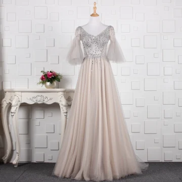 Modern Fashion Grey Handmade Beading Evening Dresses 2019 A Line Princess Rhinestone Sequins V Neck Bell Sleeves Backless Floor Length Long Formal Dresses