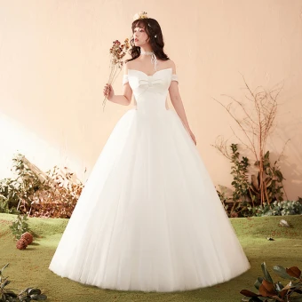 Élégant Ivoire Robe De Mariée 2018 Robe Boule Noeud De L Épaule Dos Nu Sans Manches Longue Mariage