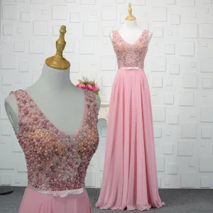 Moderne Mode Rose Bonbon Fait Main Perlage Robe De Soirée 2019 Princesse Cristal Perle Paillettes V Cou Sans Manches Dos Nu Longue Robe De Ceremonie
