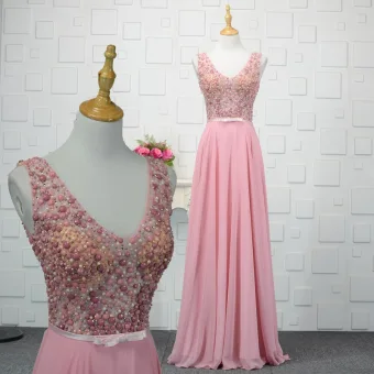 Moderne Mode Rose Bonbon Fait Main Perlage Robe De Soirée 2019 Princesse Cristal Perle Paillettes V Cou Sans Manches Dos Nu Longue Robe De Ceremonie