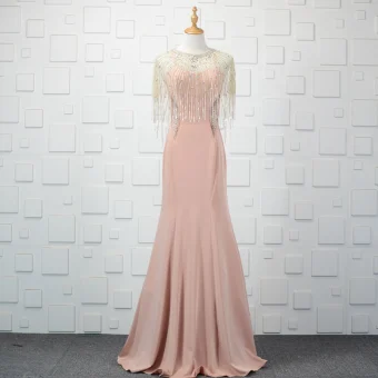 Modern Fashion 2 Piece Beading Pearl Pink Evening Dresses 2019 Trumpet Mermaid Crystal Rhinestone Tassel Scoop Neck Sleeveless Floor Length Long Formal Dresses