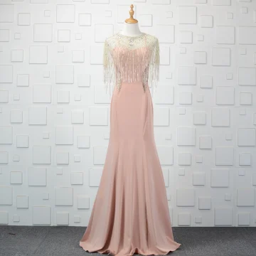 Moderne Mode 2 Pièces Perlage Perle Rose Robe De Soirée 2019 Trompette Sirène Cristal Faux Diamant Gland Encolure Dégagée Sans Manches Longue Robe De Ceremonie