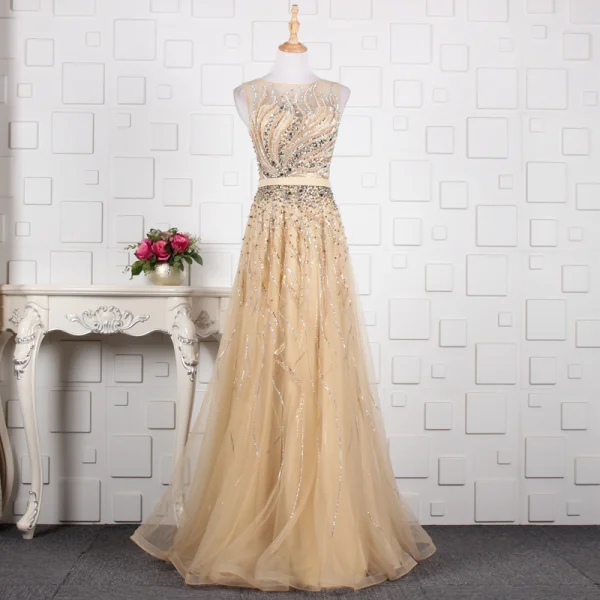 Luxe Champagne Fait main Perlage Robe De Soirée 2019 Princesse Cristal Paillettes Faux Diamant Encolure Dégagée Sans Manches Longue Robe De Ceremonie