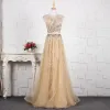 Luxury / Gorgeous Champagne Handmade  Beading Evening Dresses  2019 A-Line / Princess Crystal Sequins Rhinestone Scoop Neck Sleeveless Floor-Length / Long Formal Dresses