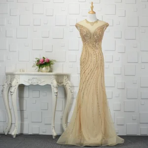 Luxe Champagne Fait Main Perlage Robe De Soirée Trompette Sirène 2019 Cristal Paillettes Perle Faux Diamant Encolure Dégagée Sans Manches Train De Balayage Robe De Ceremonie