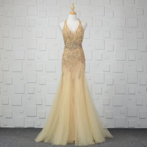 Luxe Champagne Fait Main Perlage Robe De Soirée 2019 Trompette Sirène Cristal Paillettes Faux Diamant Gland Titulaire Sans Manches Dos Nu Longue Robe De Ceremonie