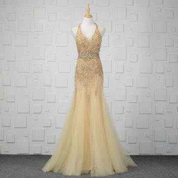 Luxury Gorgeous Champagne Handmade Beading Evening Dresses 2019 Trumpet Mermaid Crystal Sequins Rhinestone Tassel Halter Sleeveless Backless Floor Length Long Formal Dresses