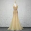 Luxe Champagne Fait main Perlage Robe De Soirée 2019 Trompette / Sirène Cristal Paillettes Faux Diamant Gland Titulaire Sans Manches Dos Nu Longue Robe De Ceremonie