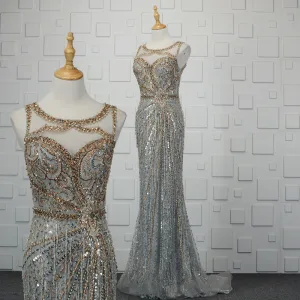 Luxe Argenté Fait Main Perlage Robe De Soirée 2019 Trompette Sirène Cristal Paillettes Faux Diamant Gland Encolure Dégagée Sans Manches Train De Balayage Robe De Ceremonie