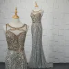Luxury / Gorgeous Silver Handmade  Beading Evening Dresses  2019 Trumpet / Mermaid Crystal Sequins Rhinestone Tassel Scoop Neck Sleeveless Sweep Train Formal Dresses