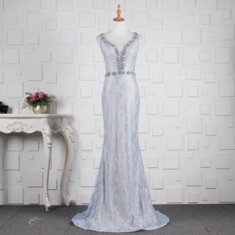 Elegant Sky Blue Evening Dresses 2019 Trumpet Mermaid Glitter Lace Crystal V Neck Sleeveless Backless Sweep Train Formal Dresses