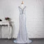Élégant Bleu Ciel Robe De Soirée 2019 Trompette / Sirène Glitter En Dentelle Cristal V-Cou Sans Manches Dos Nu Train De Balayage Robe De Ceremonie