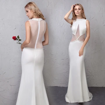 Chic Beautiful Ivory Evening Dresses 2019 Trumpet Mermaid See Through Handmade Beading Tassel Scoop Neck Sleeveless Sweep Train Formal Dresses